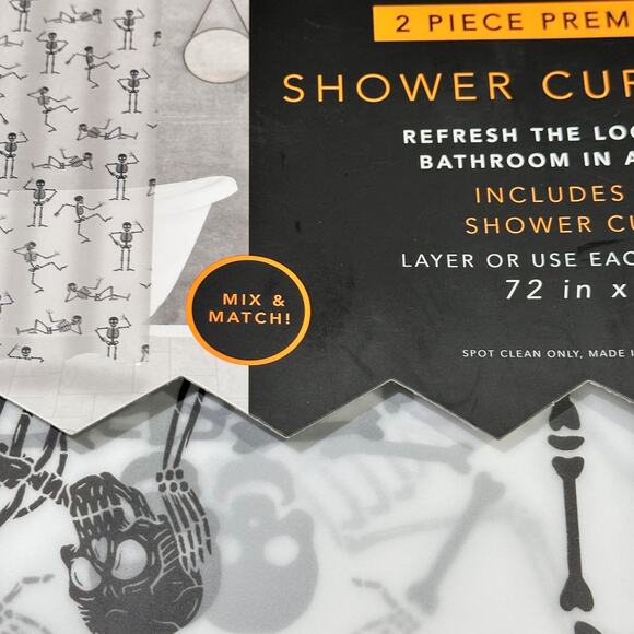 Halloween Dancing Black Skeletons Shower Curtains 72x72 Set of 2 New Spooky - Picture 4 of 6